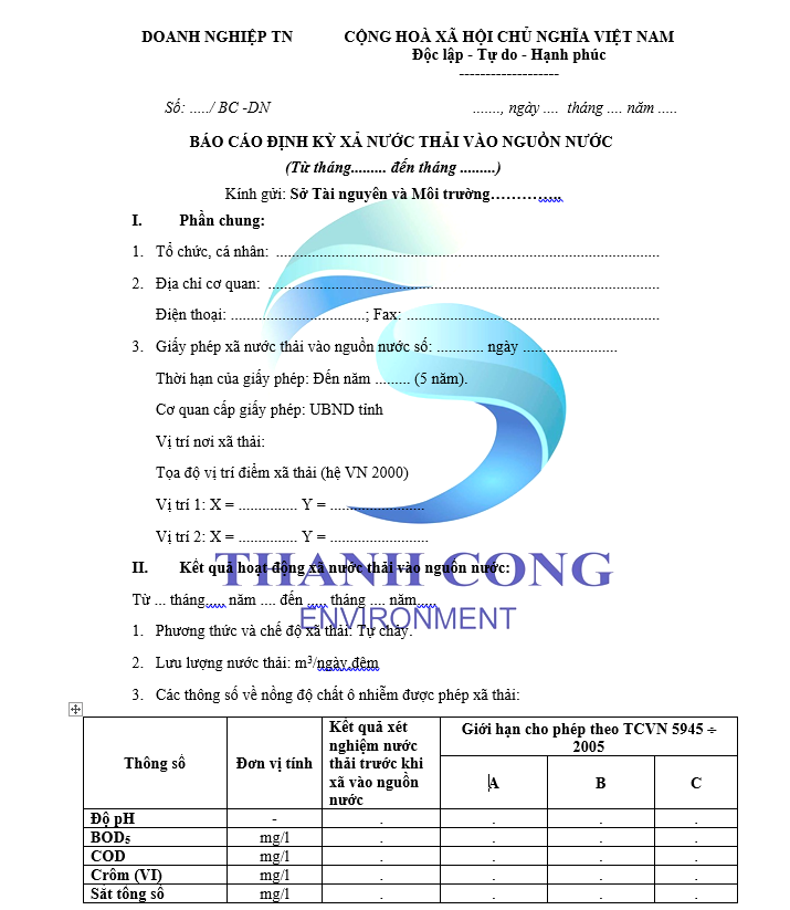 báo cáo tình hình xả thải